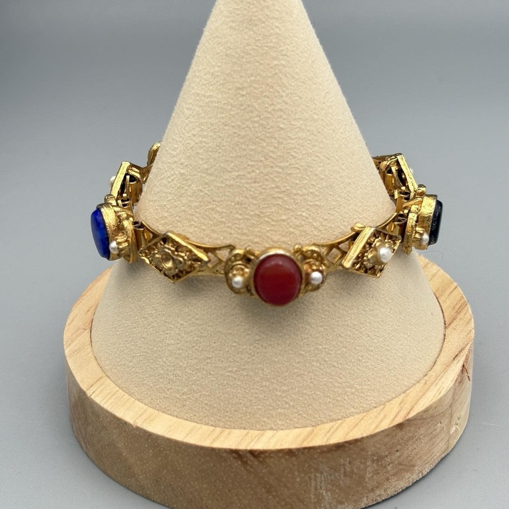 Vintage Goldette Filigree Link Bracelet Bezel Stones MCM Faux Pearls READ